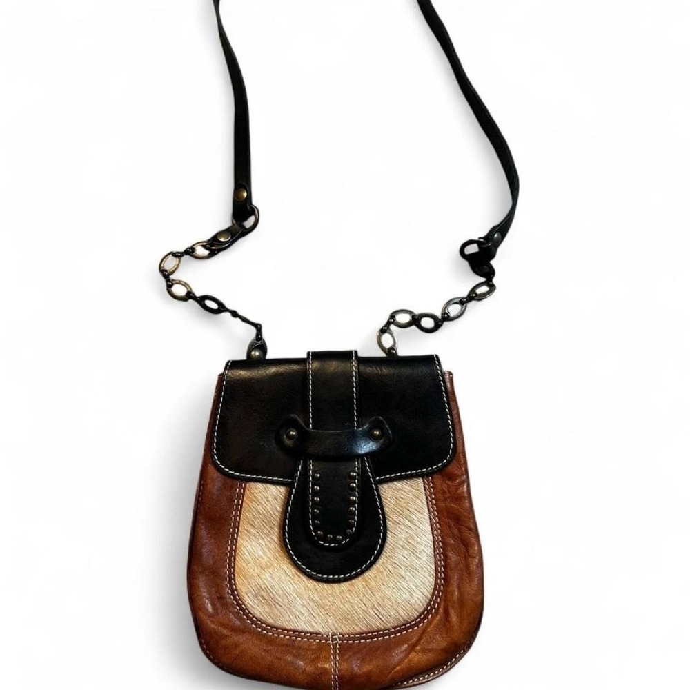 Nardelli Italian made brown leather calf hair crossbody small bag chain strap